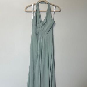 NWT Db studio Dusty sage Light Green Halter Sheath Slit Maxi Dress Gown